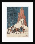 Illustration of man walking with donkey in snow by Anonymous