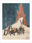 Illustration of man walking with donkey in snow by Anonymous
