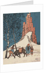 Illustration of man walking with donkey in snow by Anonymous