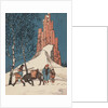 Illustration of man walking with donkey in snow by Anonymous