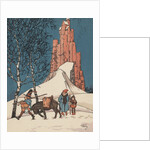 Illustration of man walking with donkey in snow by Anonymous