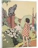 Illustration of girl looking at cat sitting on fence by Anonymous