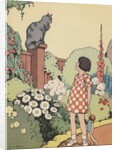Illustration of girl looking at cat sitting on fence by Anonymous