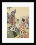 Illustration of girl looking at cat sitting on fence by Anonymous