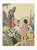 Illustration of girl looking at cat sitting on fence by Anonymous