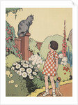 Illustration of girl looking at cat sitting on fence by Anonymous