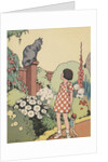 Illustration of girl looking at cat sitting on fence by Anonymous