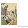 Illustration of girl looking at cat sitting on fence by Anonymous