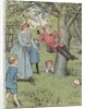 Illustration of children playing on swing by Anonymous