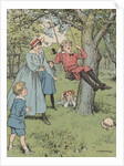 Illustration of children playing on swing by Anonymous