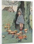 Illustration of girl watching goblins sitting under mushrooms by Anonymous