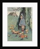 Illustration of girl watching goblins sitting under mushrooms by Anonymous