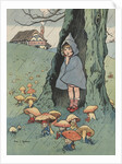 Illustration of girl watching goblins sitting under mushrooms by Anonymous