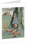 Illustration of girl watching goblins sitting under mushrooms by Anonymous