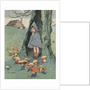 Illustration of girl watching goblins sitting under mushrooms by Anonymous