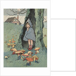 Illustration of girl watching goblins sitting under mushrooms by Anonymous