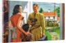 Phone repairman delivering phone to housewife by Anonymous