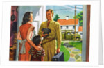 Phone repairman delivering phone to housewife by Anonymous