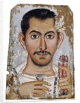 Fayum portrait of a man holding a small glass vessel and garland by Anonymous