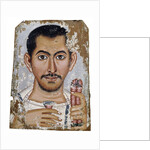 Fayum portrait of a man holding a small glass vessel and garland by Anonymous