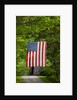 American flag hanging above gravel road by Anonymous