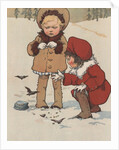 Children feeding birds in snow by Anonymous