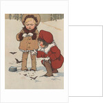 Children feeding birds in snow by Anonymous