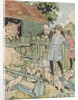Children feeding pigs on farm by Anonymous