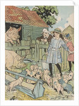 Children feeding pigs on farm by Anonymous