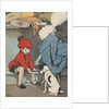 Boy showing box to dog by Anonymous