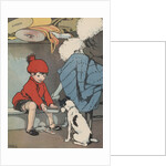 Boy showing box to dog by Anonymous