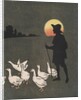 Boy hearding geese at sunset by Anonymous