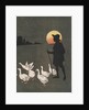 Boy hearding geese at sunset by Anonymous