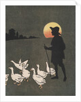 Boy hearding geese at sunset by Anonymous