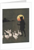 Boy hearding geese at sunset by Anonymous