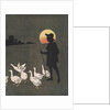 Boy hearding geese at sunset by Anonymous