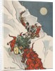 Gnomes pulling Christmas tree up snowy mountain by Anonymous
