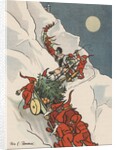 Gnomes pulling Christmas tree up snowy mountain by Anonymous