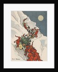 Gnomes pulling Christmas tree up snowy mountain by Anonymous