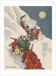 Gnomes pulling Christmas tree up snowy mountain by Anonymous