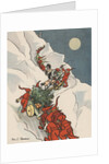 Gnomes pulling Christmas tree up snowy mountain by Anonymous