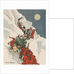 Gnomes pulling Christmas tree up snowy mountain by Anonymous