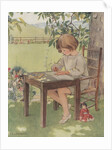 Child writing outdoors by Anonymous