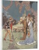 Princess with two men near fountain by Anonymous