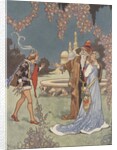 Princess with two men near fountain by Anonymous