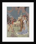 Princess with two men near fountain by Anonymous