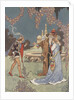 Princess with two men near fountain by Anonymous