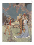 Princess with two men near fountain by Anonymous