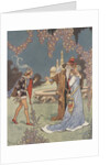Princess with two men near fountain by Anonymous