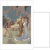Princess with two men near fountain by Anonymous